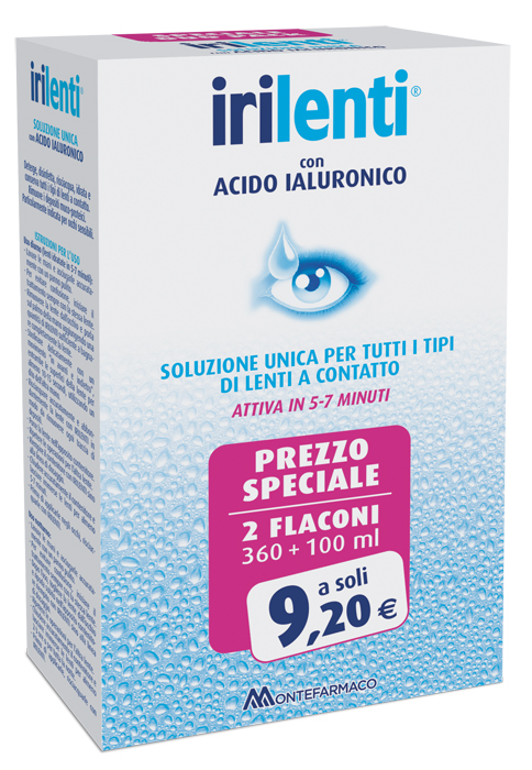 SOLUZIONE UNICA PER LENTI A CONTATTO IRILENTI CON ACIDO IALURONICO 2 FLACONI DA 360 ML + 100 ML - farmaster.it
