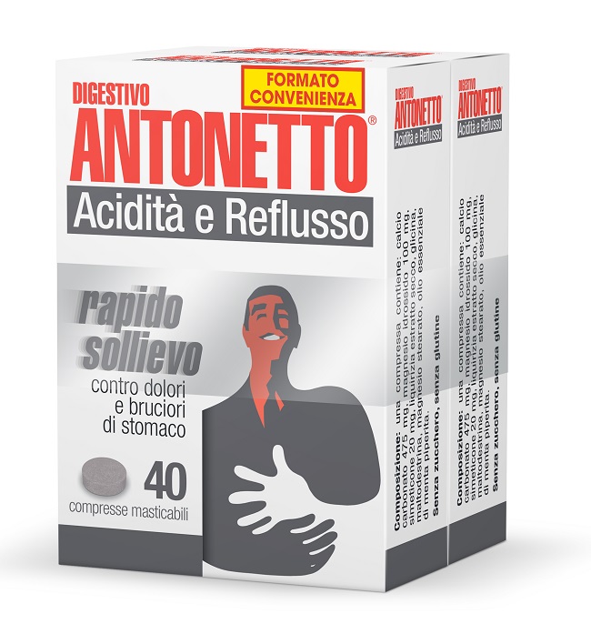 DIGESTIVO ANTONETTO ACIDITA' E REFLUSSO 80 COMPRESSE MASTICABILI 2 ASTUCCI DA 40 COMPRESSE - farmaster.it