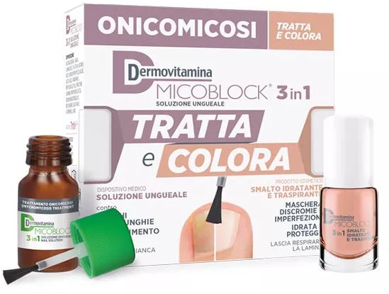 DERMOVITAMINA MICOBLOCK 3 IN 1 TRATTA E COLORA SOLUZIONE UNGUEALE 7 ML + SMALTO IDRATANTE TRASPIRANTE 5 ML - farmaster.it